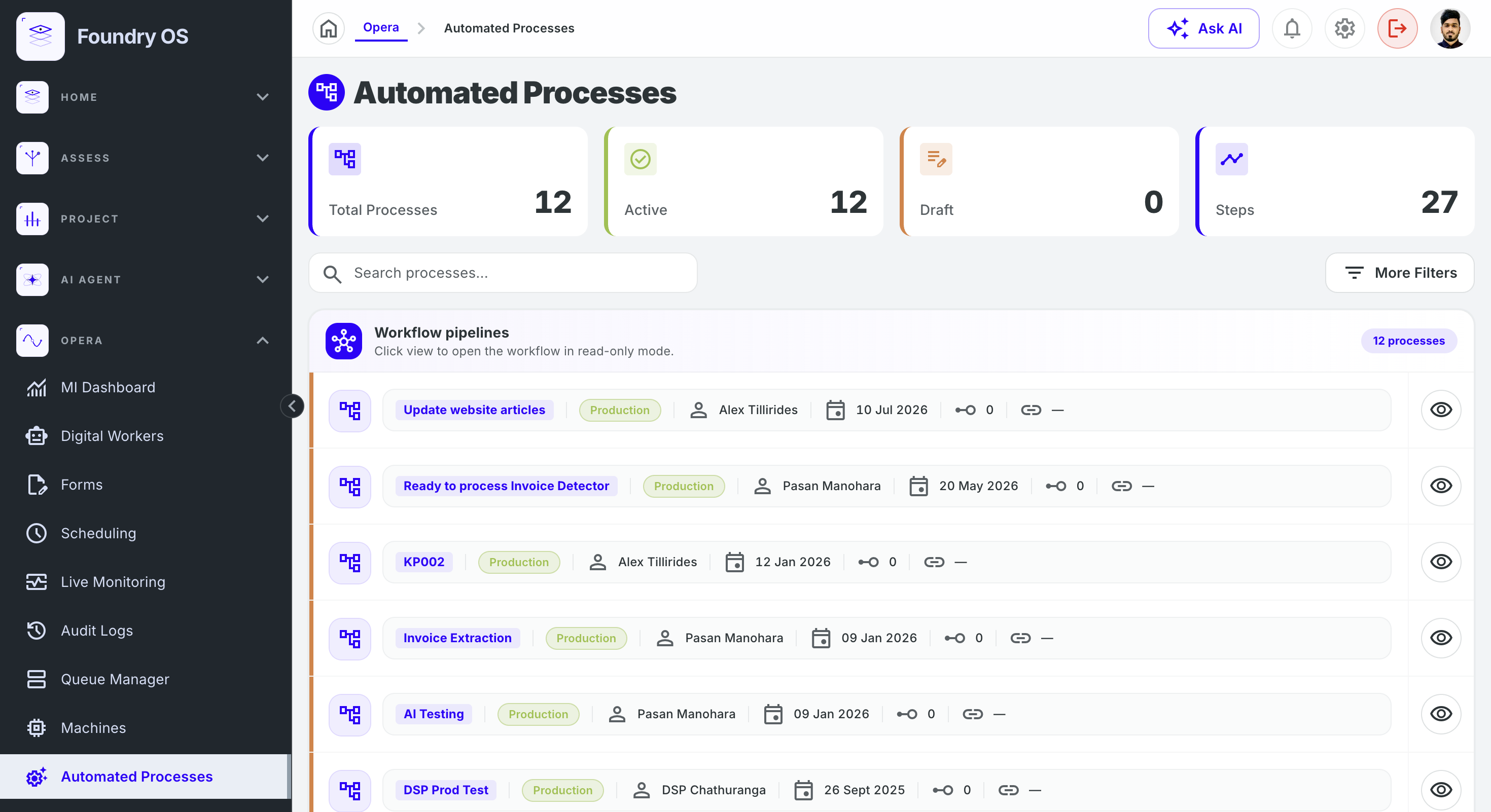 Automated Processes list showing production pipelines such as Invoice Extraction and Invoice Detector